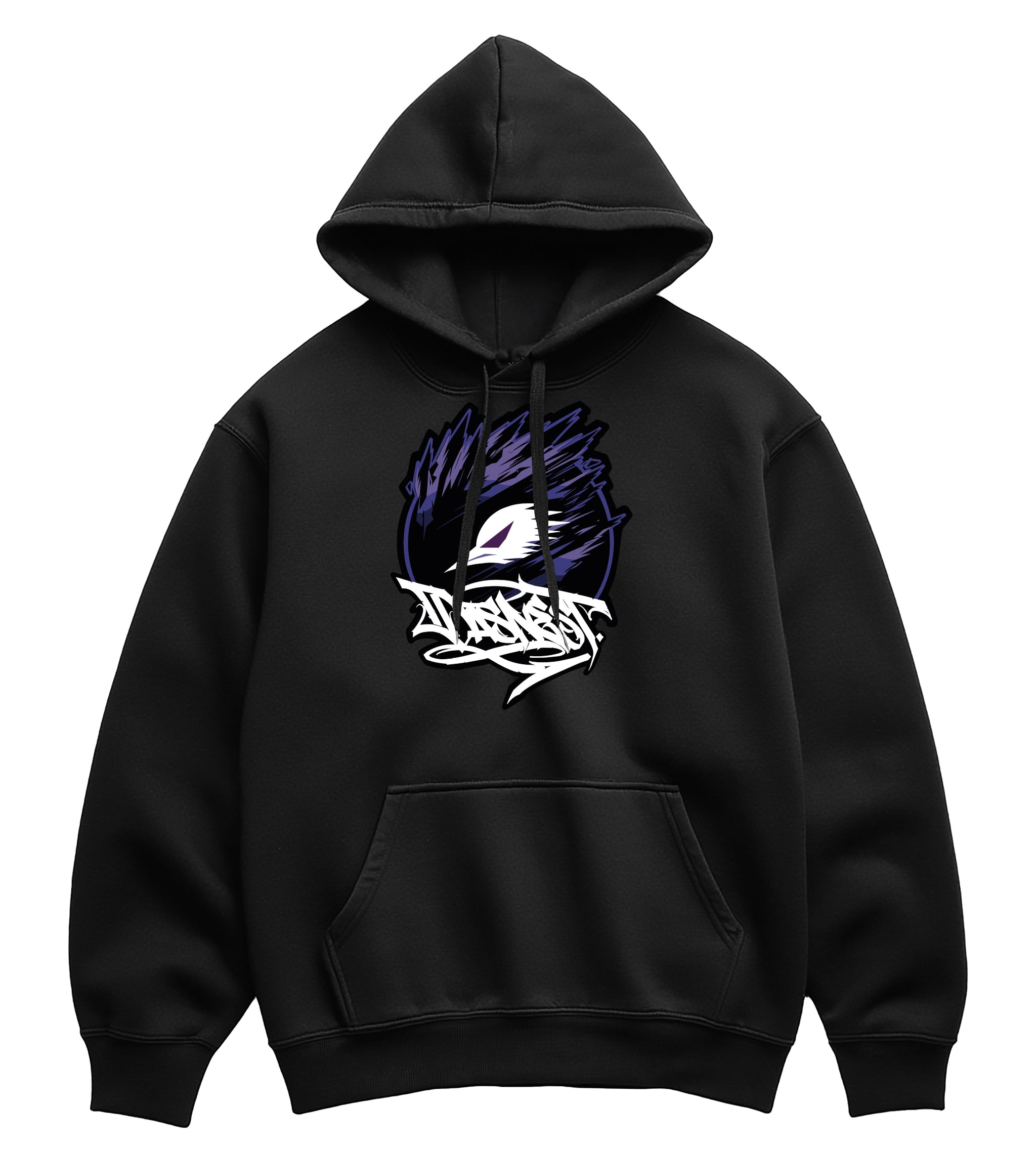 Frontansicht eines schwarzen Hockey‑Hoodies der Marke Das N3st mit stilisiertem Krähenkopf‑Logo auf der Brust